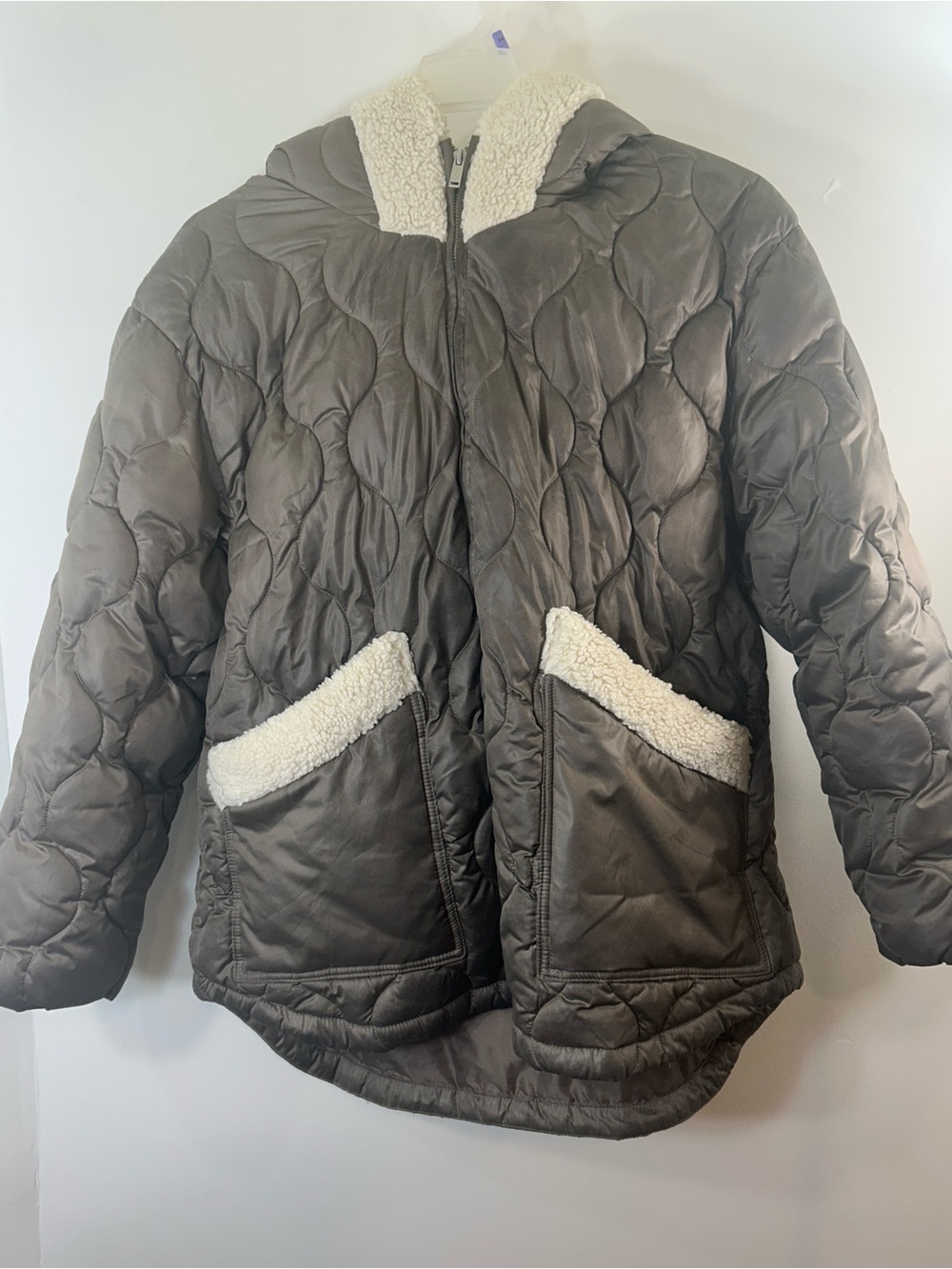 GAP Olive Quilted Puffer Jacket with Sherpa Trim